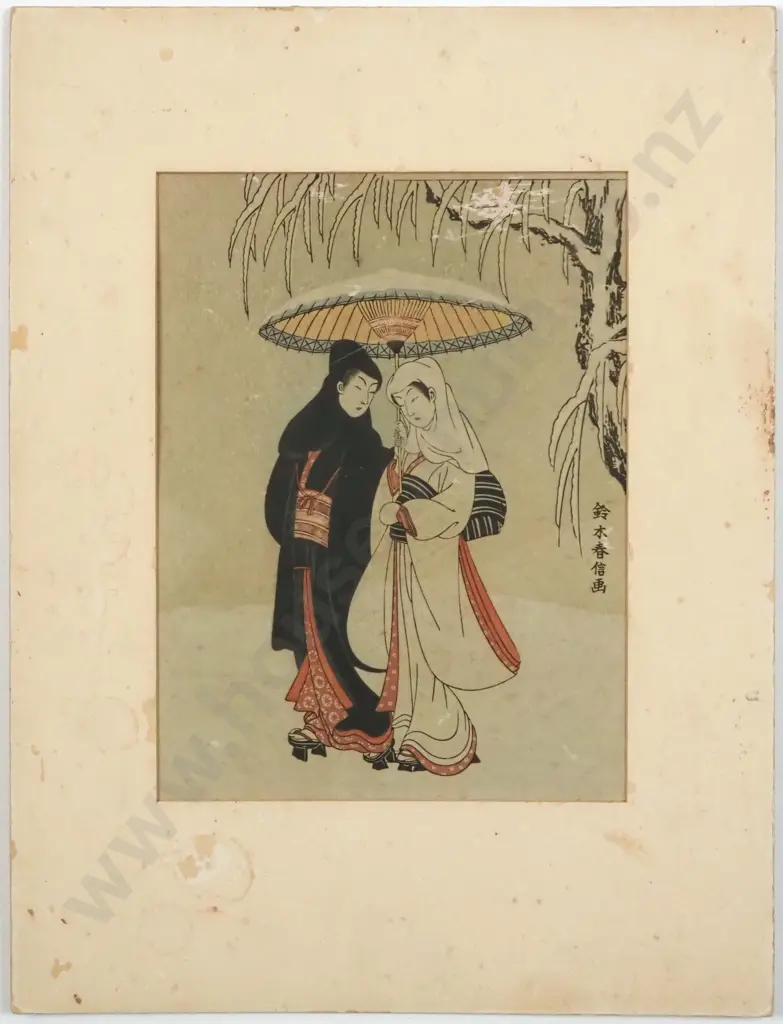 Suzuki Harunobu, Lovers Walking In the Rain.Woodblock On Silk Image 1++