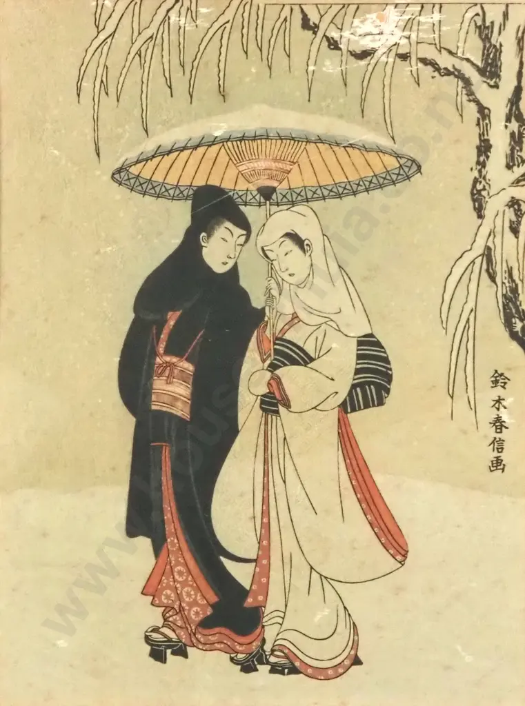 Suzuki Harunobu, Lovers Walking In the Rain.Woodblock On Silk Image 1++