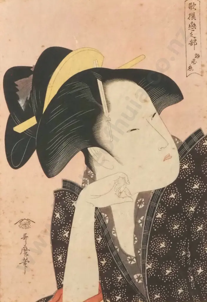 Kitagawa Utamaro, Wistful Love.Wood Block  Print On Silk. Signed Image 1++