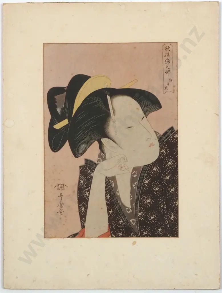 Kitagawa Utamaro, Wistful Love.Wood Block  Print On Silk. Signed Image 1++