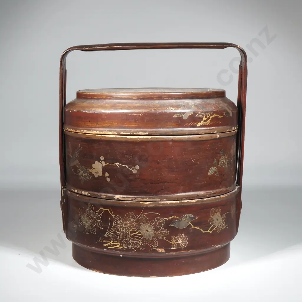 Antique Chinese Lacquered Wedding Or Betrothal Basket with Decorative Gilding & Decorated w Birds & Flowers Image 1++