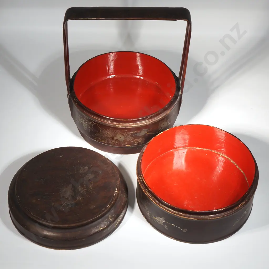 Antique Chinese Lacquered Wedding Or Betrothal Basket with Decorative Gilding & Decorated w Birds & Flowers Image 1++