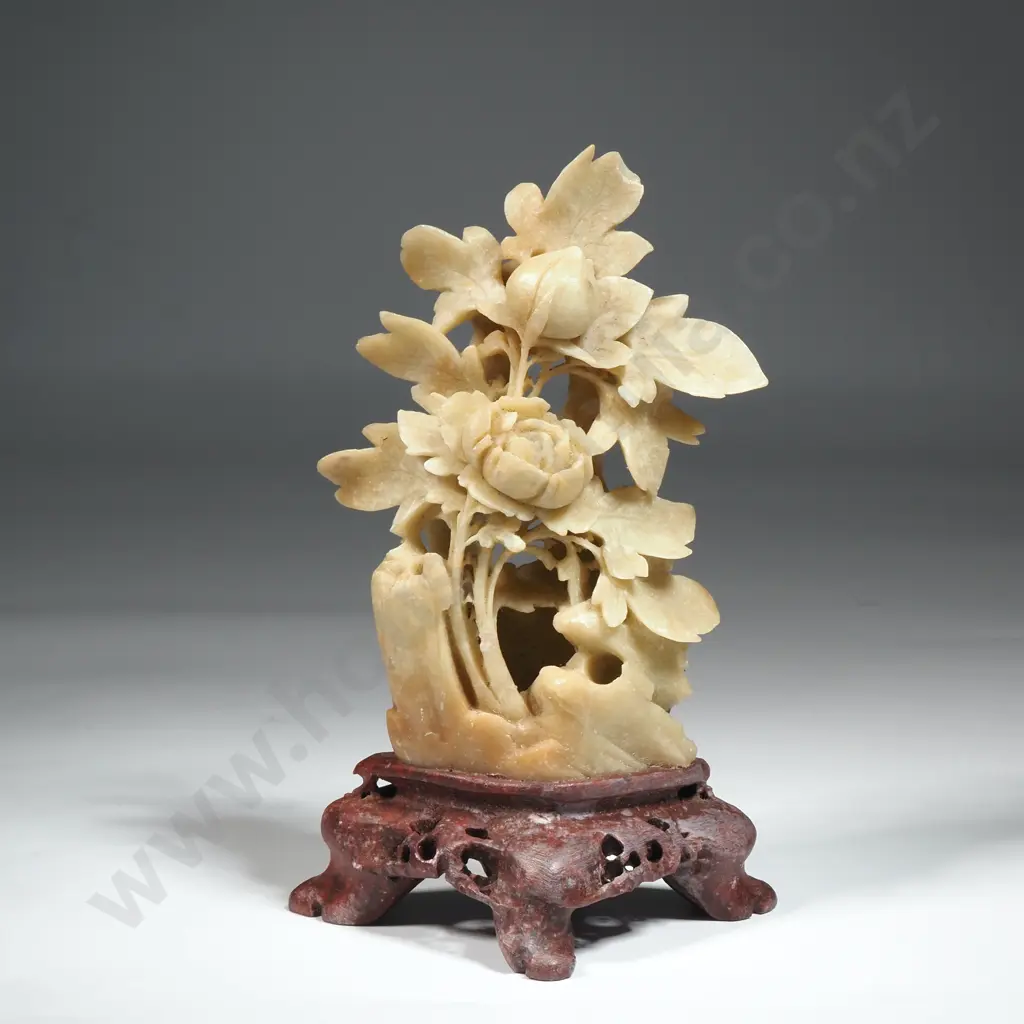 Oriental Carved Soapstone Figure With Flowers Image 1++