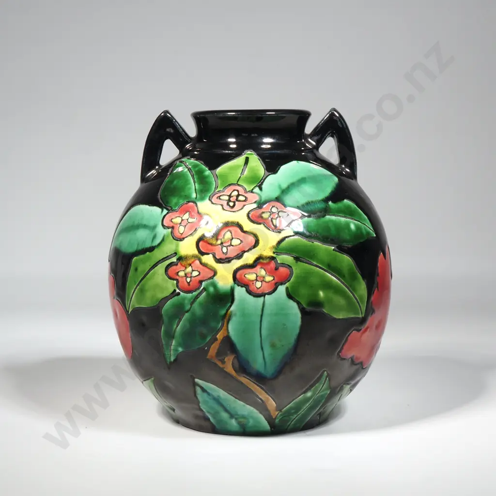 Vintage Japanese Awaji  Black Ground Bulbous Vase Decorated w Stylised Coloured Leaves &  Flowers Image 1++