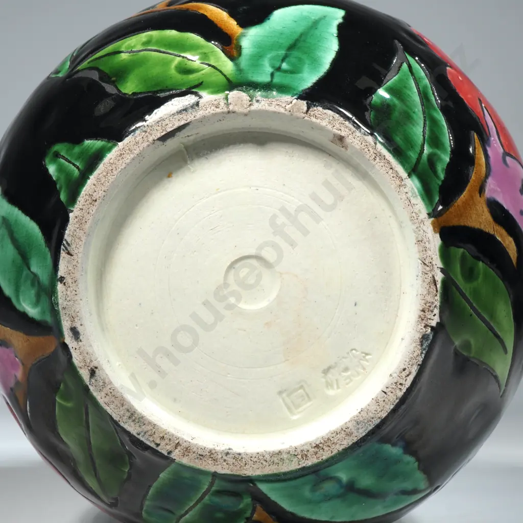 Vintage Japanese Awaji  Black Ground Bulbous Vase Decorated w Stylised Coloured Leaves &  Flowers Image 1++