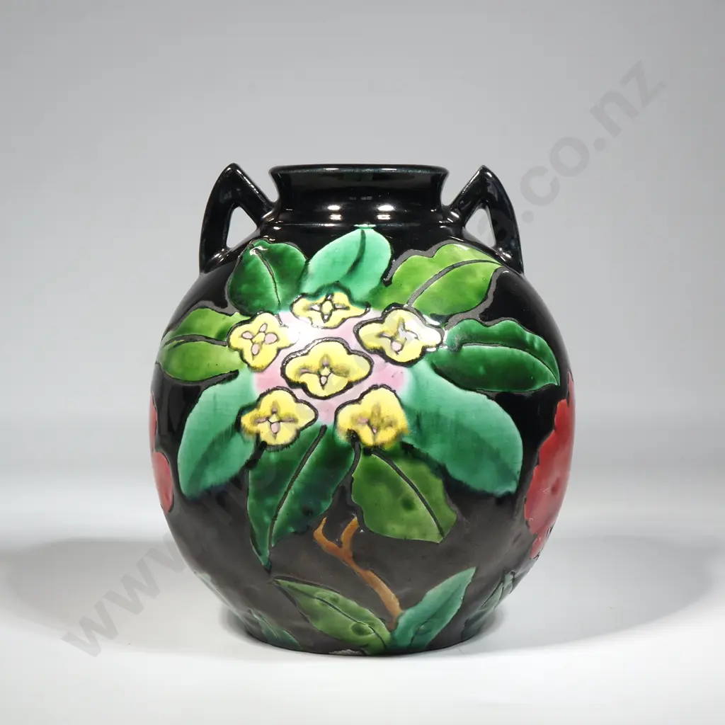 Vintage Japanese Awaji  Black Ground Bulbous Vase Decorated w Stylised Coloured Leaves &  Flowers Image 1++