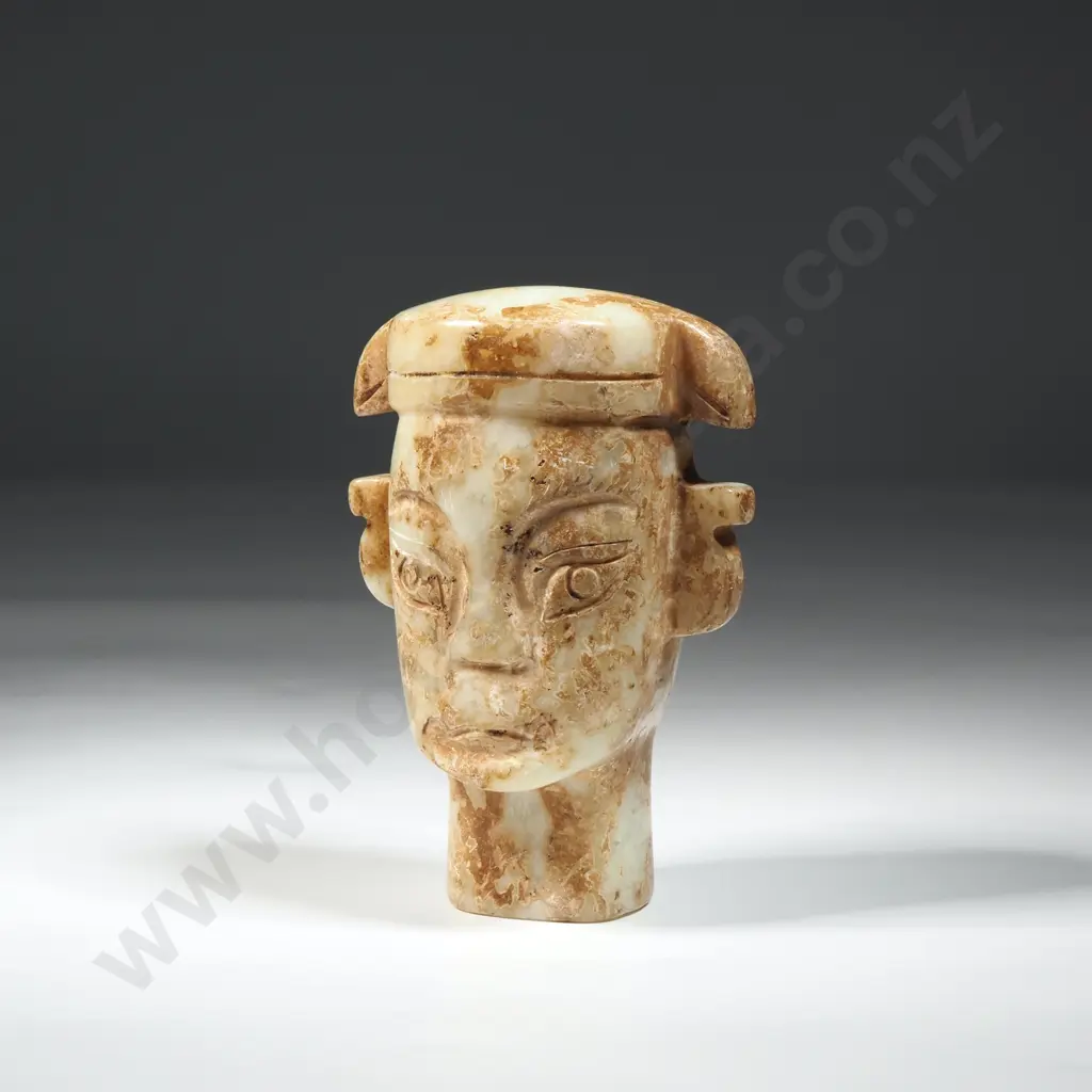 Nephrite Jade Hand Carved Bust Of A Stylised Head with Prominent & Headdress  Image 1++