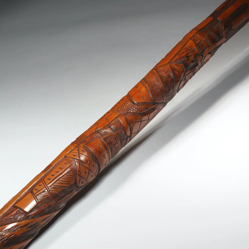 Carved Bamboo Walking Stick w Oriental Motif & Metal trim to Base. Image 1++