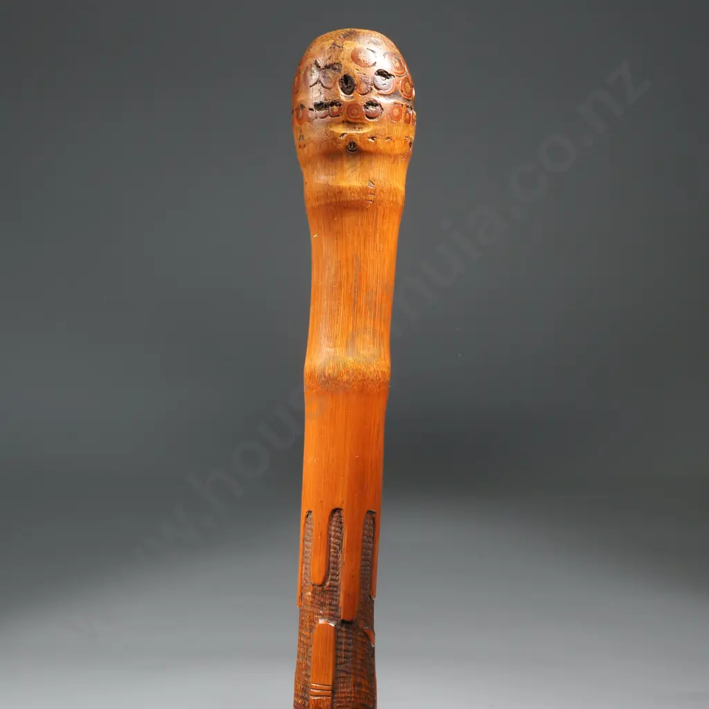Carved Bamboo Walking Stick w Oriental Motif & Metal trim to Base. Image 1++