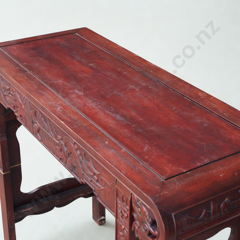 Chinese Alter Table -the Rectangular Table With D Ends. Raised On Square Legs With Applied Brass.Carved Detail To Frieze Image 1++