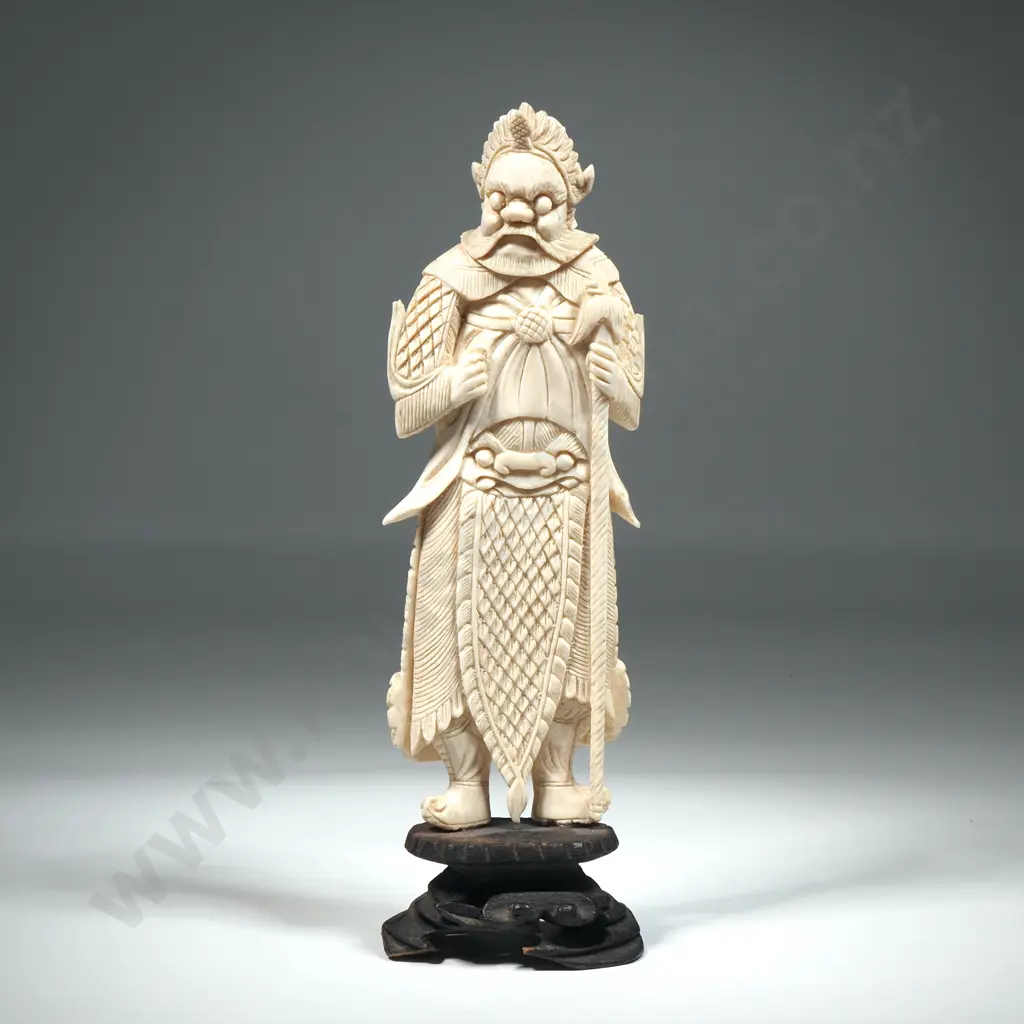 Carved Ivory Figure on Ebony Stand of a Standing Warrior Image 1++