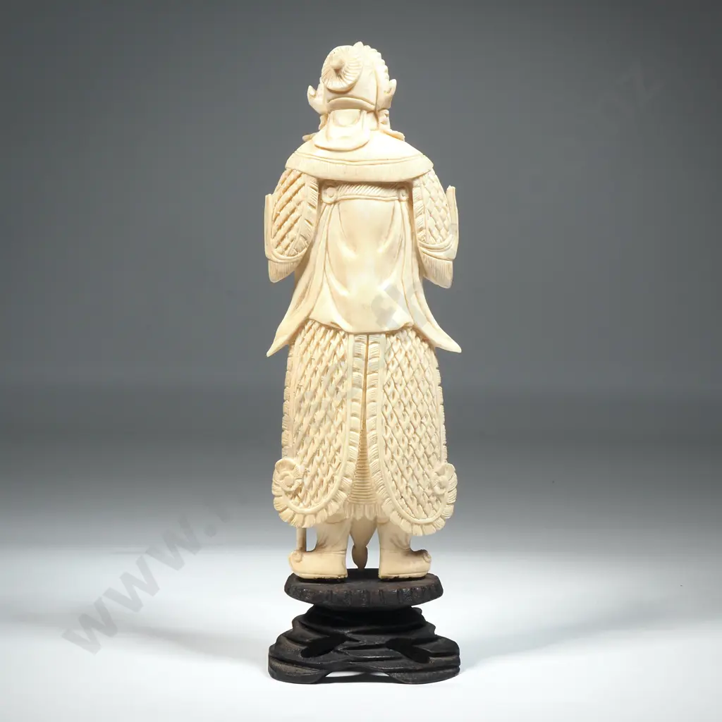 Carved Ivory Figure on Ebony Stand of a Standing Warrior Image 1++