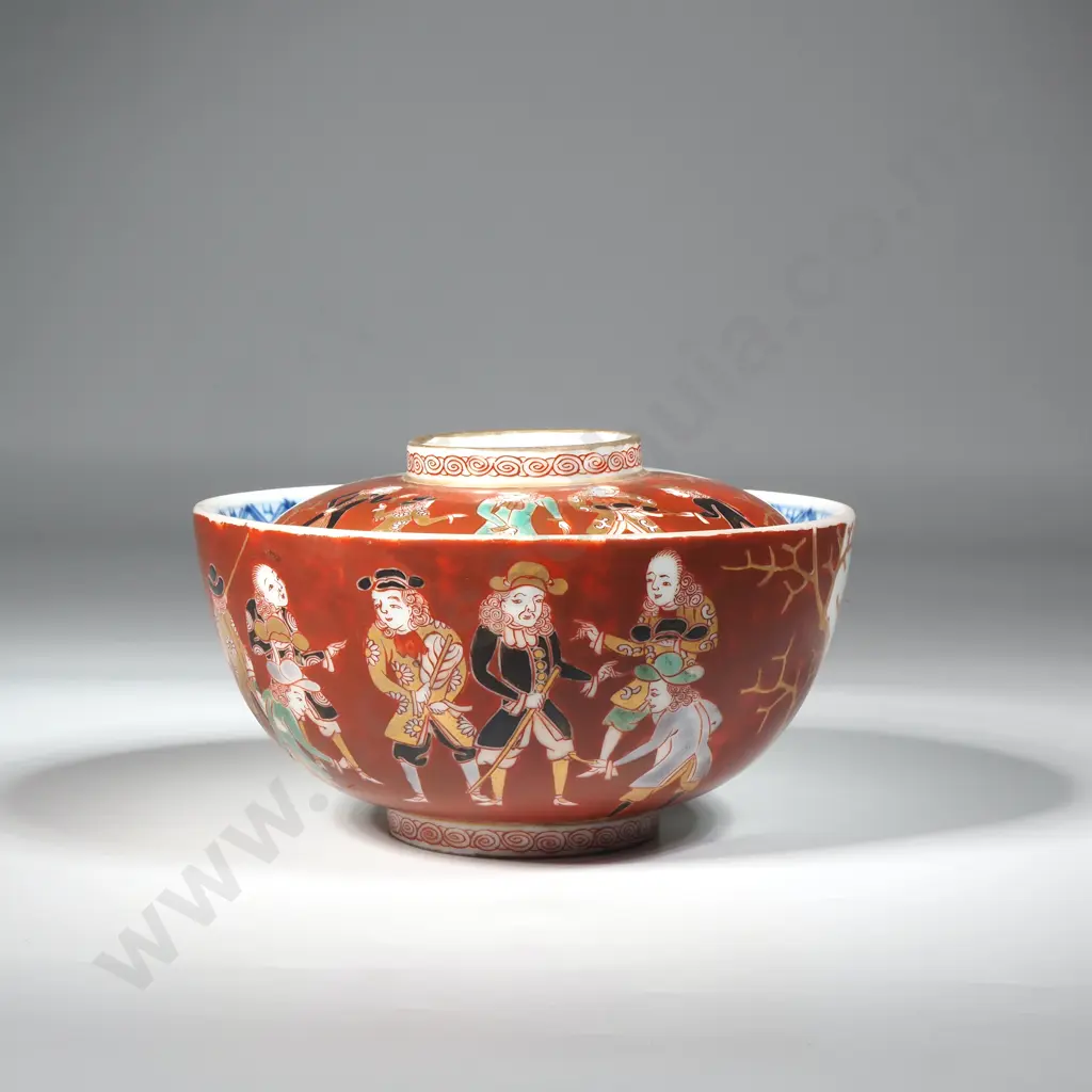 Japanese Imari Porcelain Black Ship Bowl & Cover , Meiji Period. The Bowl Handpainted To One Side With A Large Ship  Image 1++