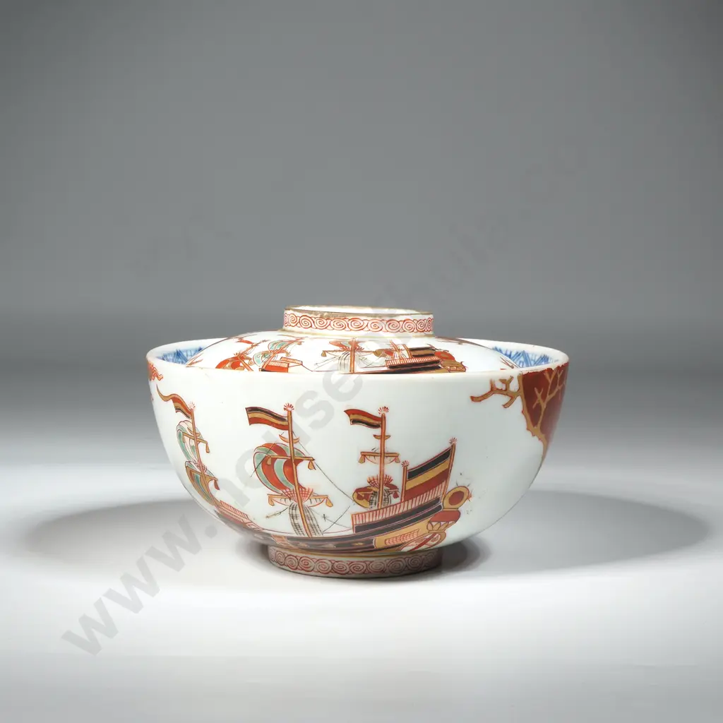 Japanese Imari Porcelain Black Ship Bowl & Cover , Meiji Period. The Bowl Handpainted To One Side With A Large Ship  Image 1++