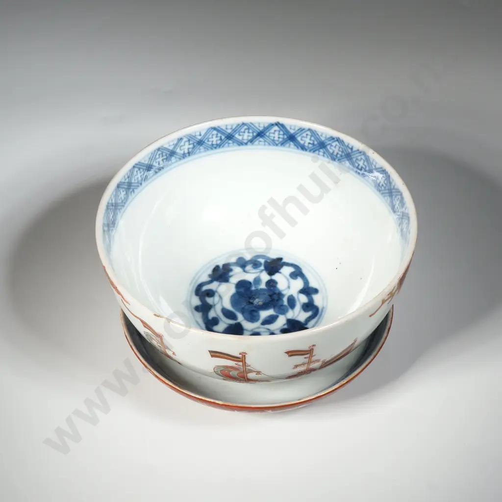Japanese Imari Porcelain Black Ship Bowl & Cover , Meiji Period. The Bowl Handpainted To One Side With A Large Ship  Image 1++