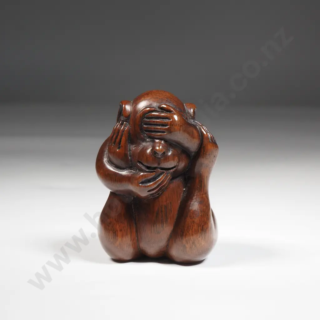 Signed Wooden Netsuke Of A Monkey With Four Handed. Signed Image 1++