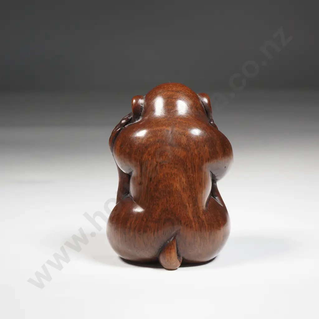 Signed Wooden Netsuke Of A Monkey With Four Handed. Signed Image 1++