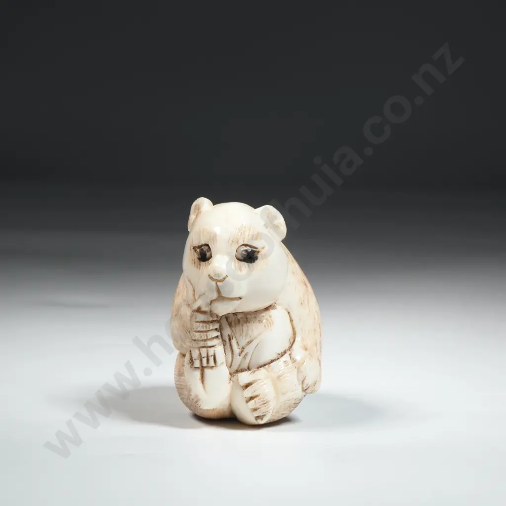 Ivory Okimono Of A Panda Eating Bamboo Shoots Image 1++