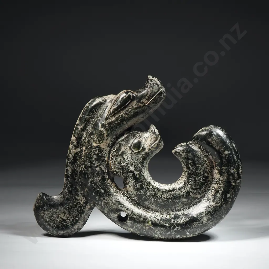 A Large  Ancient Dark Green Mottled  Mother & Child Pig Dragon Artifact Image 1++