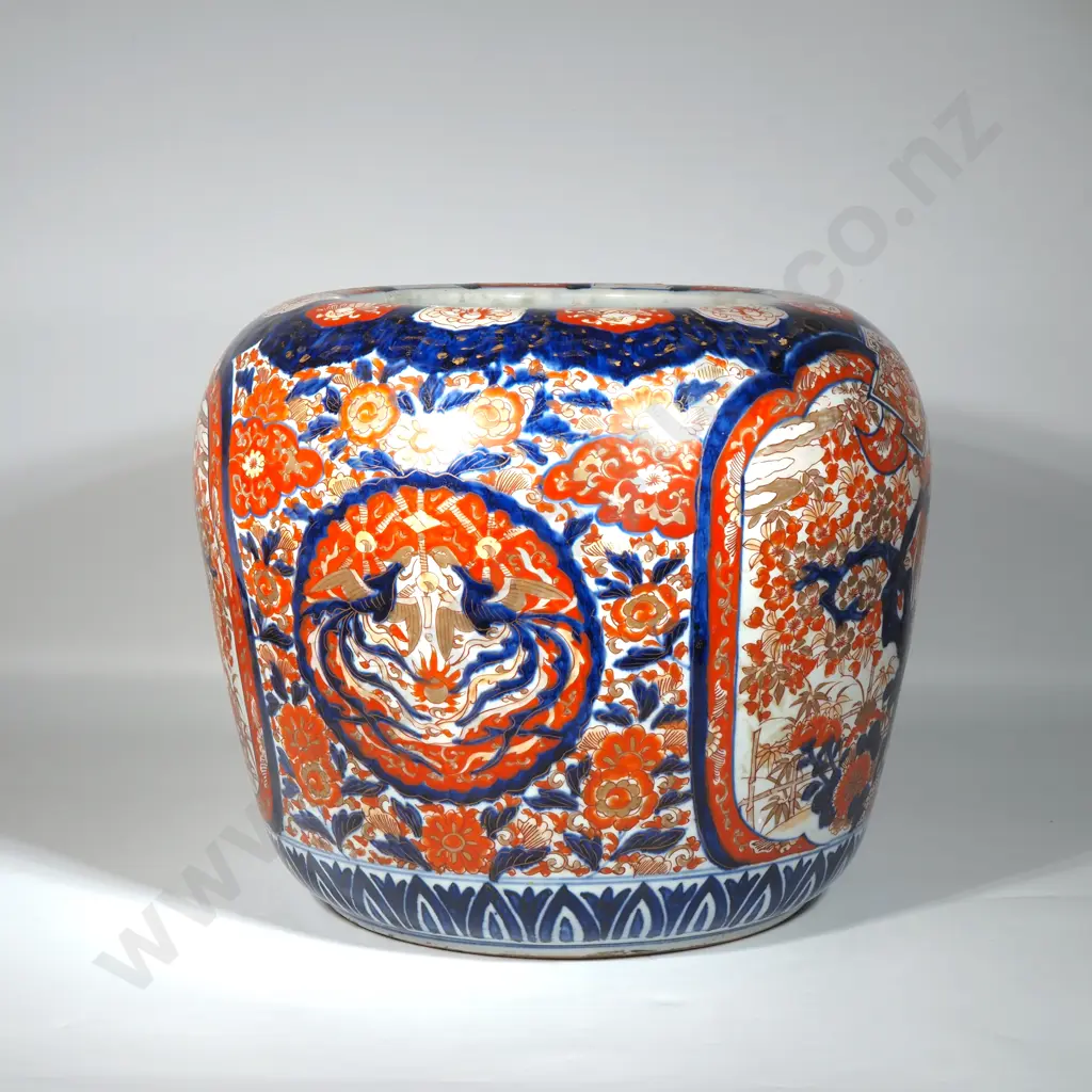 Large 19th Arita Imari Hibachi - Enamel & Gilt Painted In Iron Red & Cobalt Blue with Birds & Flowers Image 1++