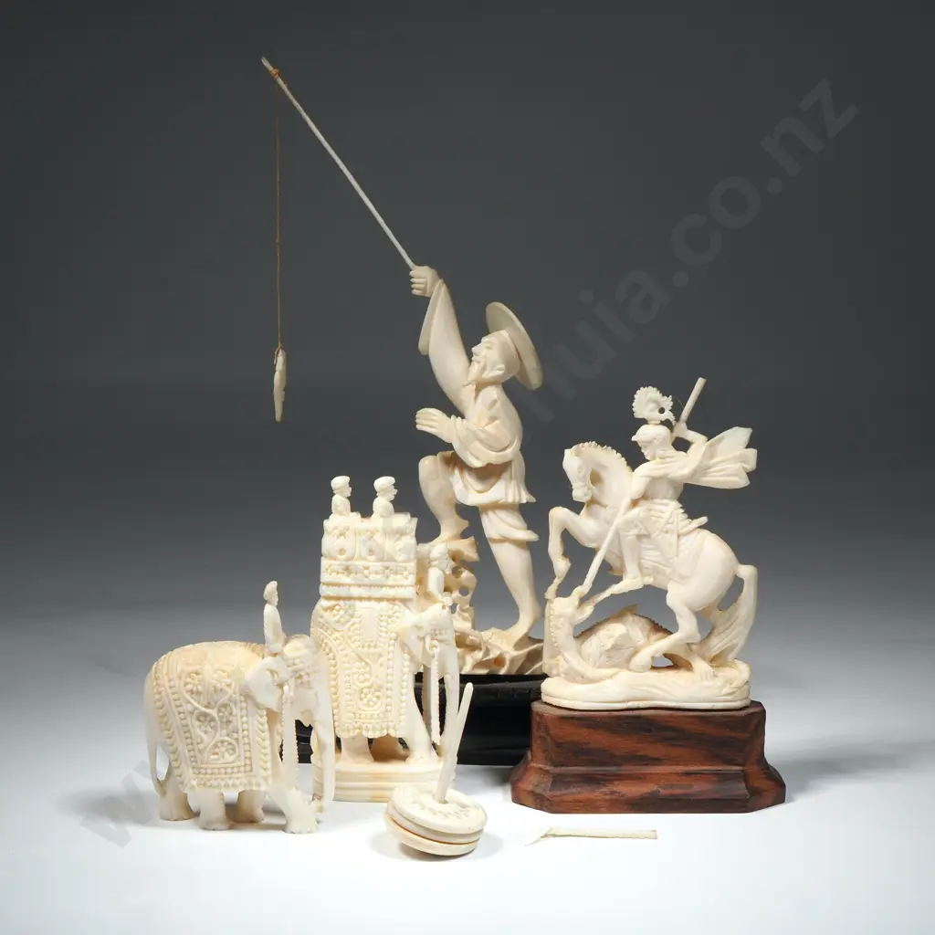 Carved Figure Of A Fisherman, 2 x Elephants& A Horse & Rider Image 1++