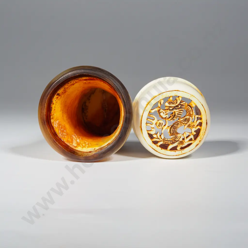 Vintage Chinese Scrimshaw Bovine Cricket Cage With Horn Rim & Etched With Figures In A Landscape Image 1++