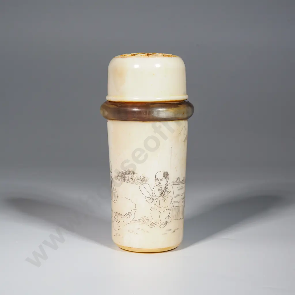 Vintage Chinese Scrimshaw Bovine Cricket Cage With Horn Rim & Etched With Figures In A Landscape Image 1++