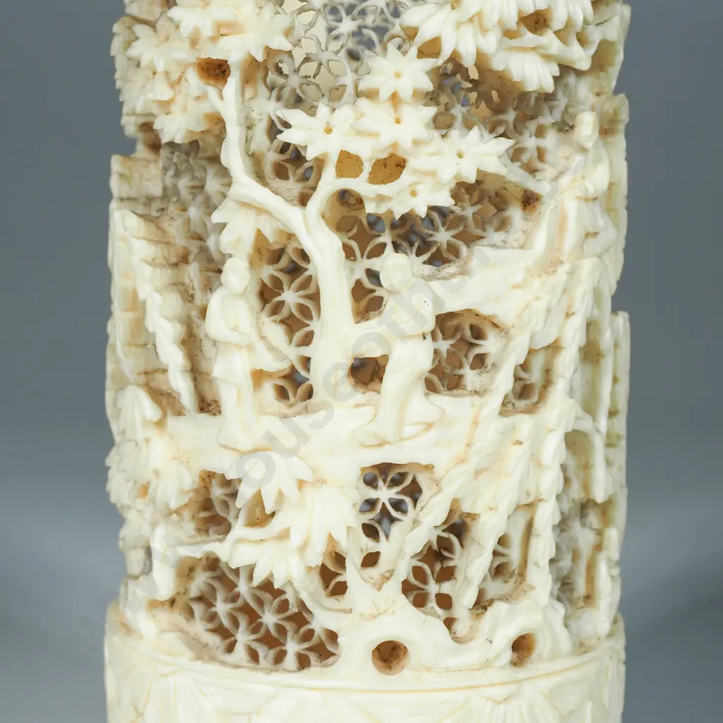 Chinese Finely Carved Ivory Tusk Section Brush Pot Carved in Relief w Figures in a Landscape A/F Image 1++