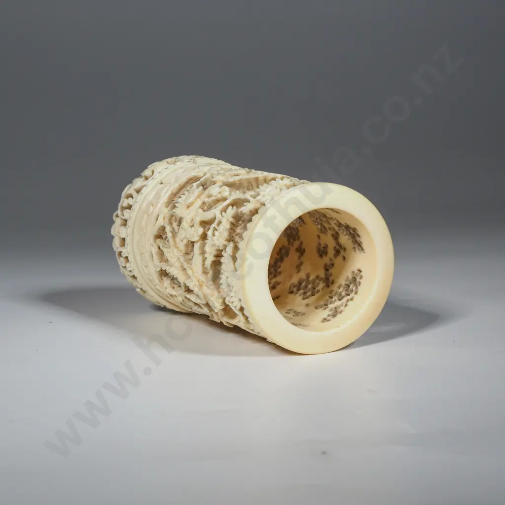 Chinese Finely Carved Ivory Tusk Section Brush Pot Carved in Relief w Figures in a Landscape A/F Image 1++