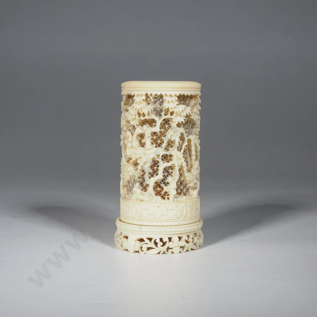 Chinese Finely Carved Ivory Tusk Section Brush Pot Carved in Relief w Figures in a Landscape A/F Image 1++