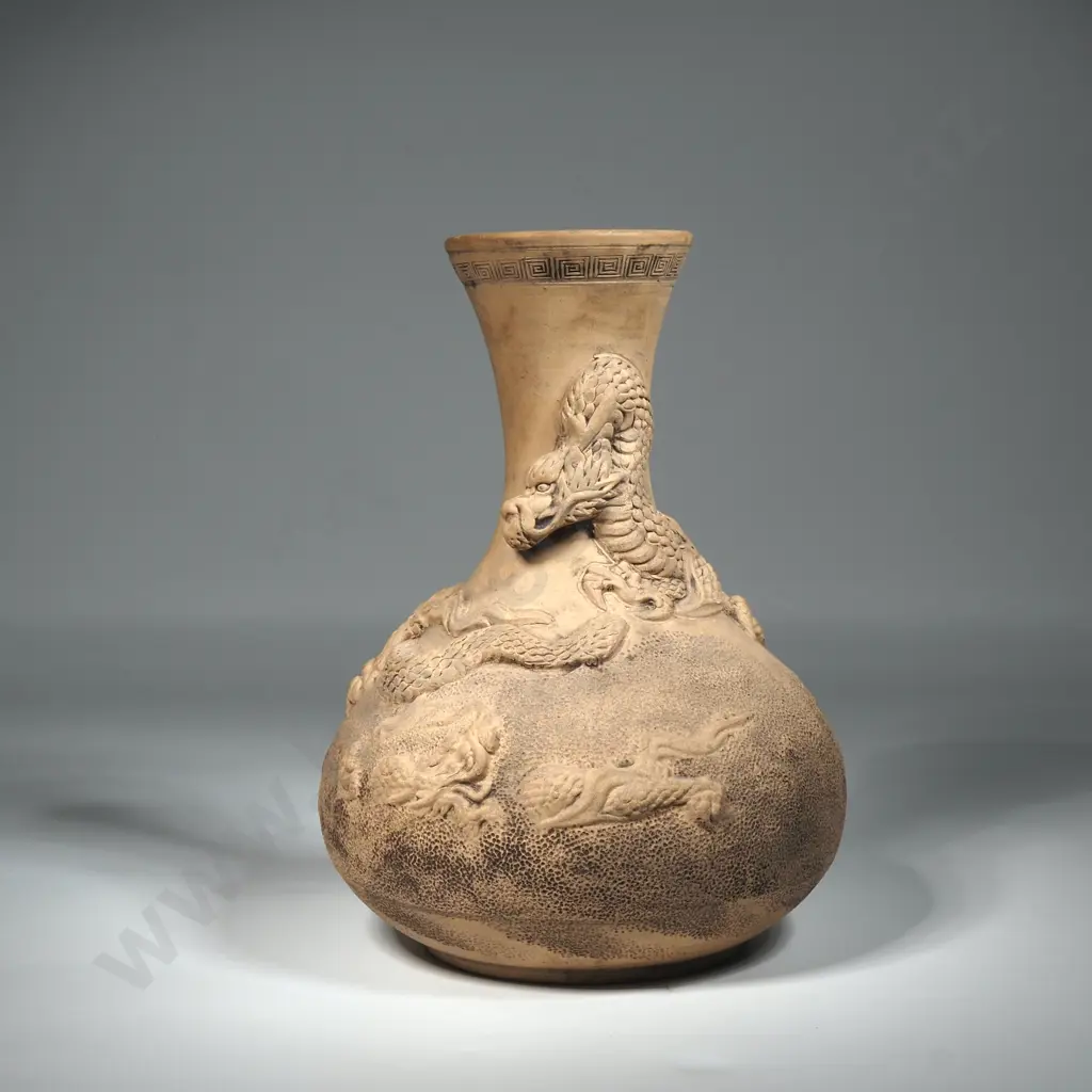 Chinese Terracotta Vase Highly Embossed With Dragons In High Relief.  Image 1++