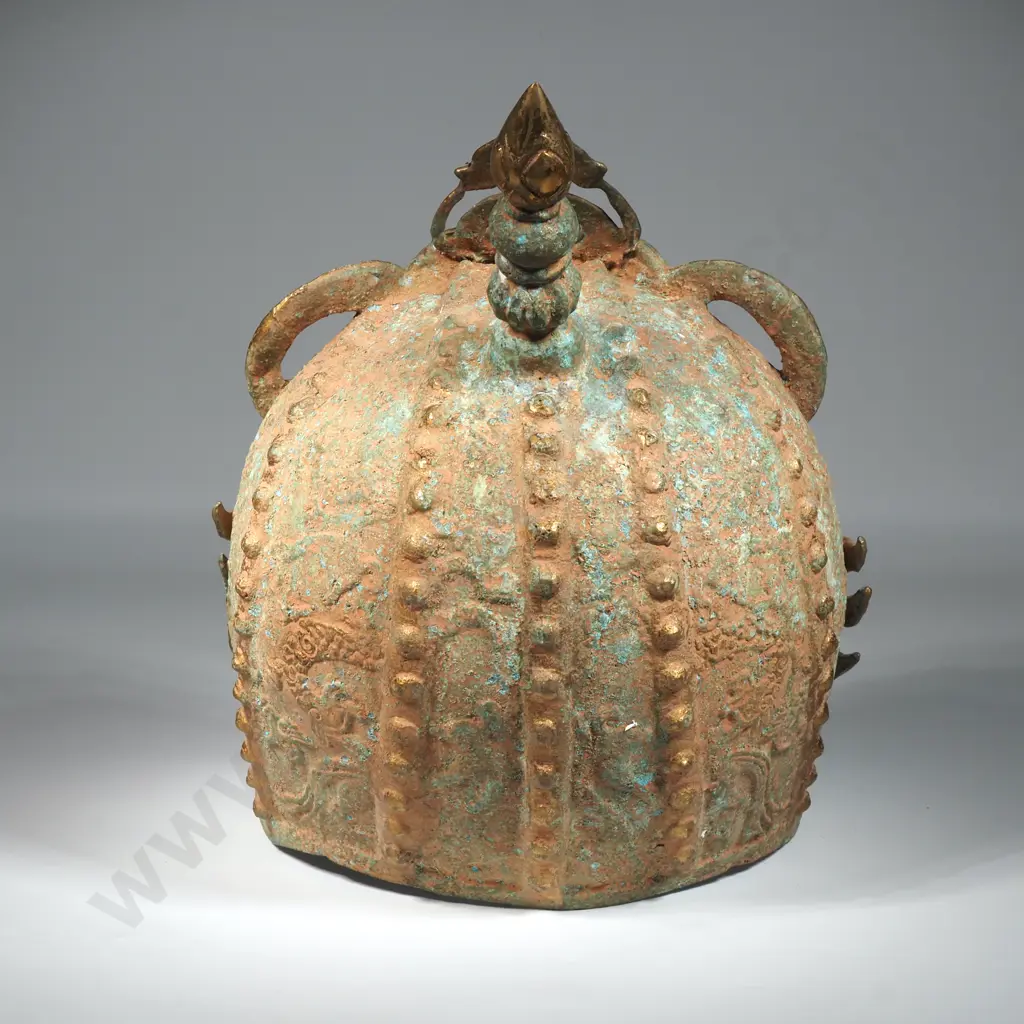 Chinese Dynasty Style Bronze  Helmet With Gilding & Decorated Figural Dragon & Bird Image 1++