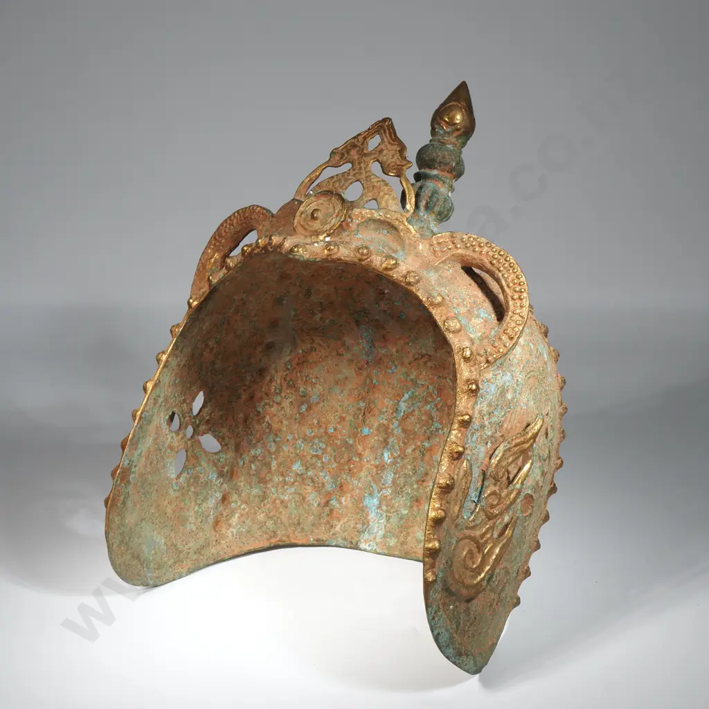 Chinese Dynasty Style Bronze  Helmet With Gilding & Decorated Figural Dragon & Bird Image 1++