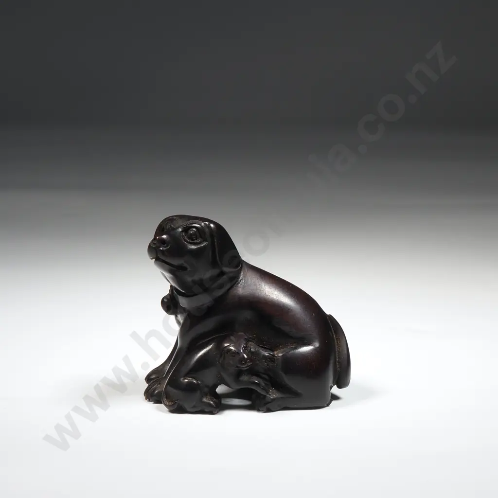 Ironwood Netsuke Depicting A Dog & Her Pup  Image 1++