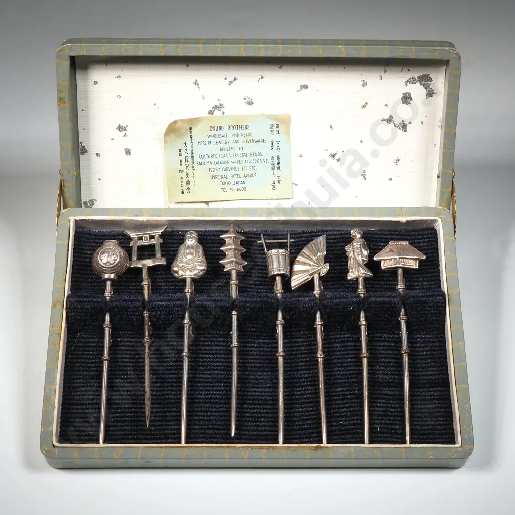 Japanese Boxed Set Of Sterling Silver Swizel Sticks Retailed By Okubo Brothers Tokyo, Japan Image 1++