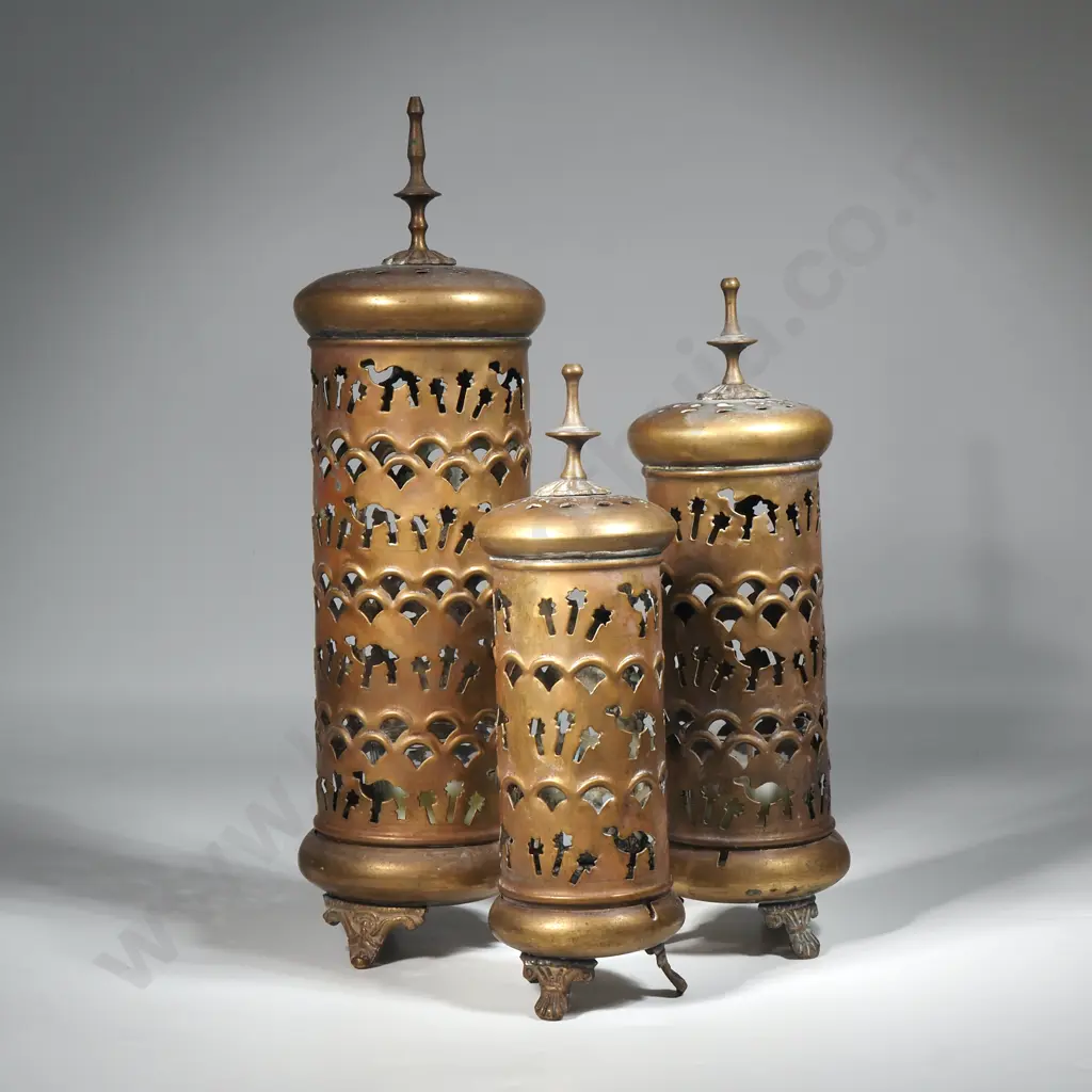 Three Graduated Brass Incense Burner/ Candle Holder with Pierced Camel & Palm Design.  Image 1++