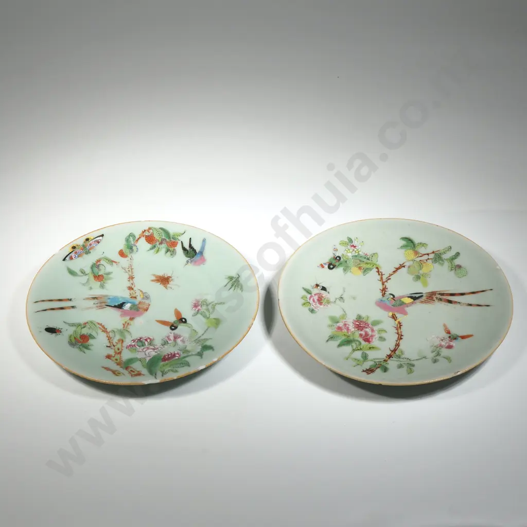 Antique Pair of Celadon Plates w Birds Flowers & Butterflys A/F Image 1++