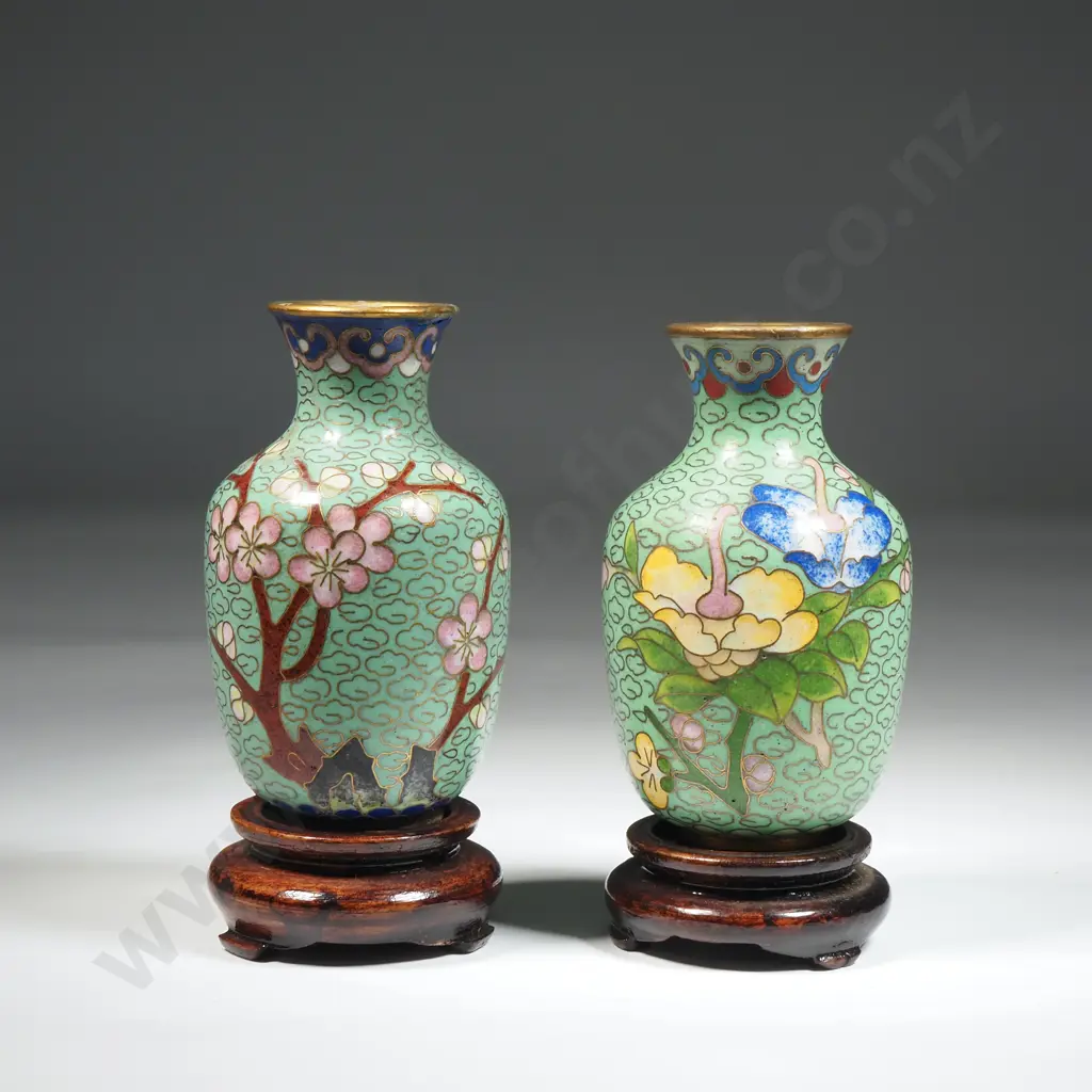 Two Small Cloisonne Vase On Wooden Stand. Mint Green Ground Decorated With Flowers Image 1++