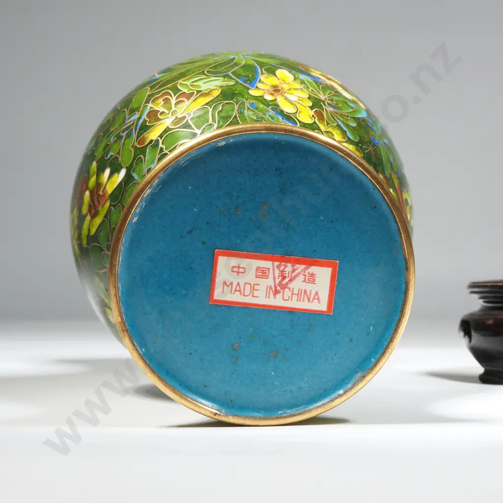 Vintage Green Ground Cloisonne Vase with Floral & Leaf Motif On a Carved Wooden Stand Image 1++
