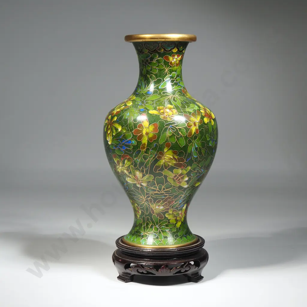 Vintage Green Ground Cloisonne Vase with Floral & Leaf Motif On a Carved Wooden Stand Image 1++