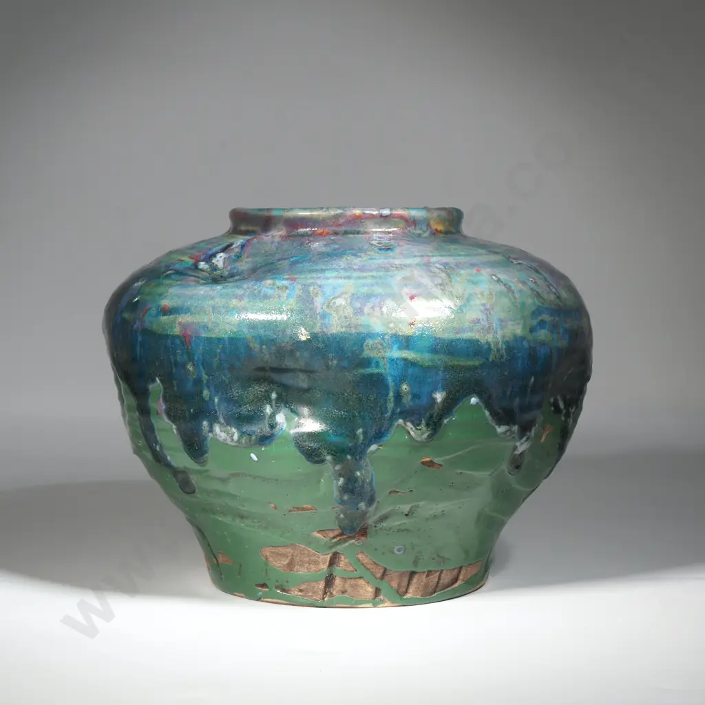 Rare Japanese Awaji Manulipated Drip Glaze Pottery Vase  ca 1930's Image 1++