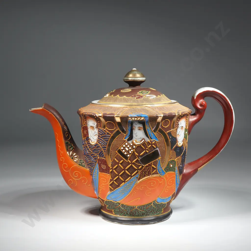 Japanese Satsuma Moriage Teapot with Raised Decoration & Gilt Accents.  Image 1++
