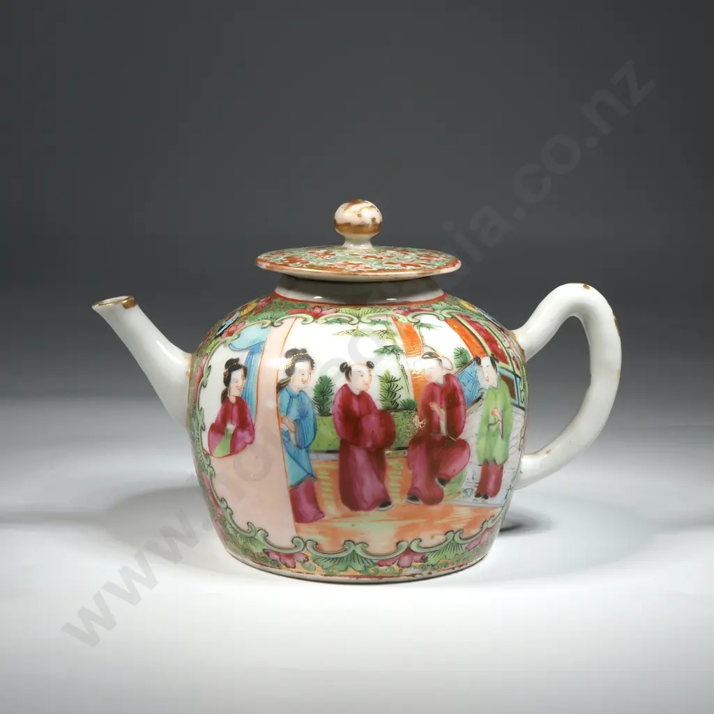 19th Century small  Chinese Canton Export Ware Tea Pot. Handpainted In Famille Rose Enamel With Birds & Butterflies Image 1++