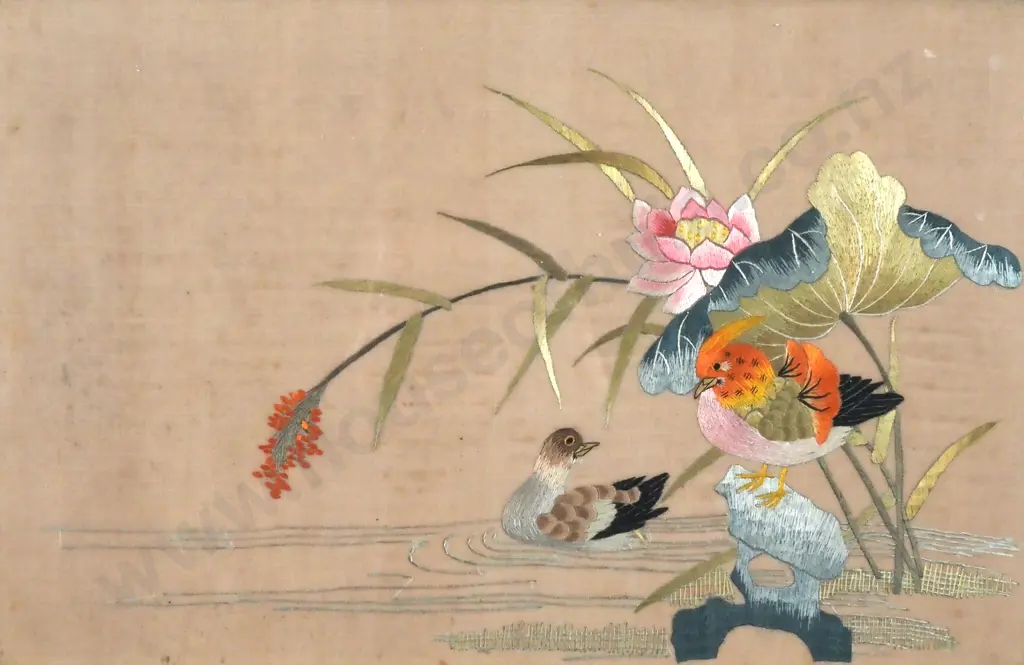 Chinese Silk Embroidery Panel (Chinoiserie )   Featuring Birds & Flowers Image 1++