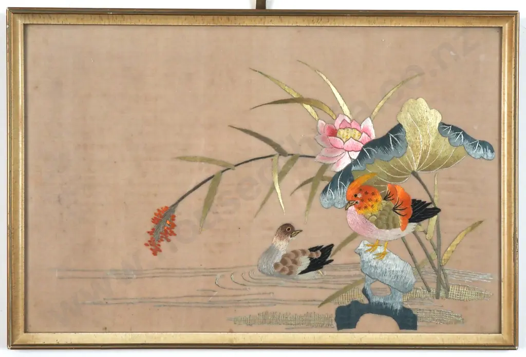 Chinese Silk Embroidery Panel (Chinoiserie )   Featuring Birds & Flowers Image 1++