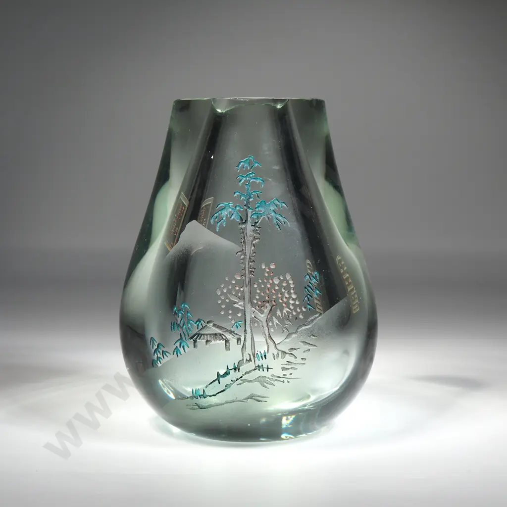 Vintage Tinted Chinese Peking Glass Vase w Carved & Etched Decoration Image 1++