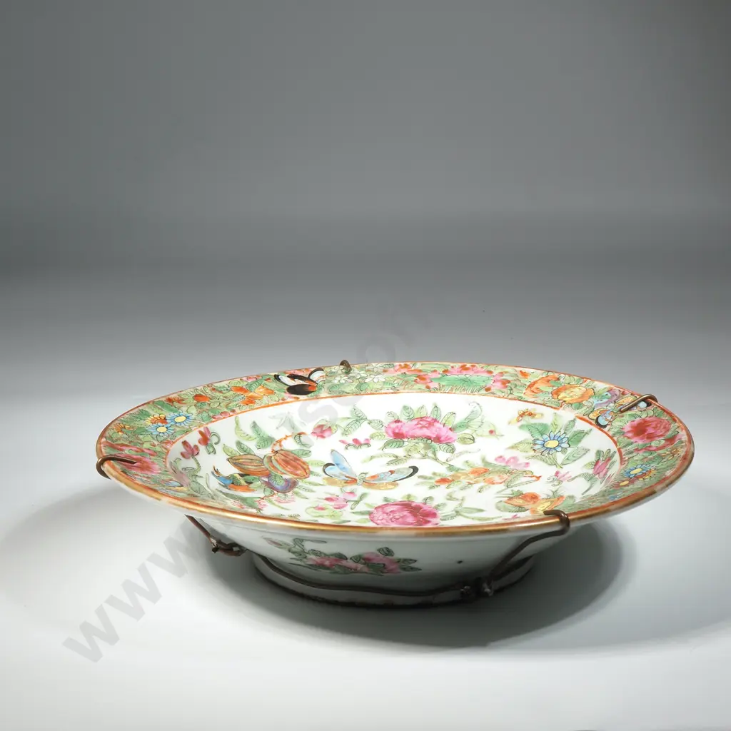 Cantonese Enamel "Famille Rose" Shallow Bowl Decoration With Birds, Flowers & Butterflies & With A Gilt Rim  Image 1++