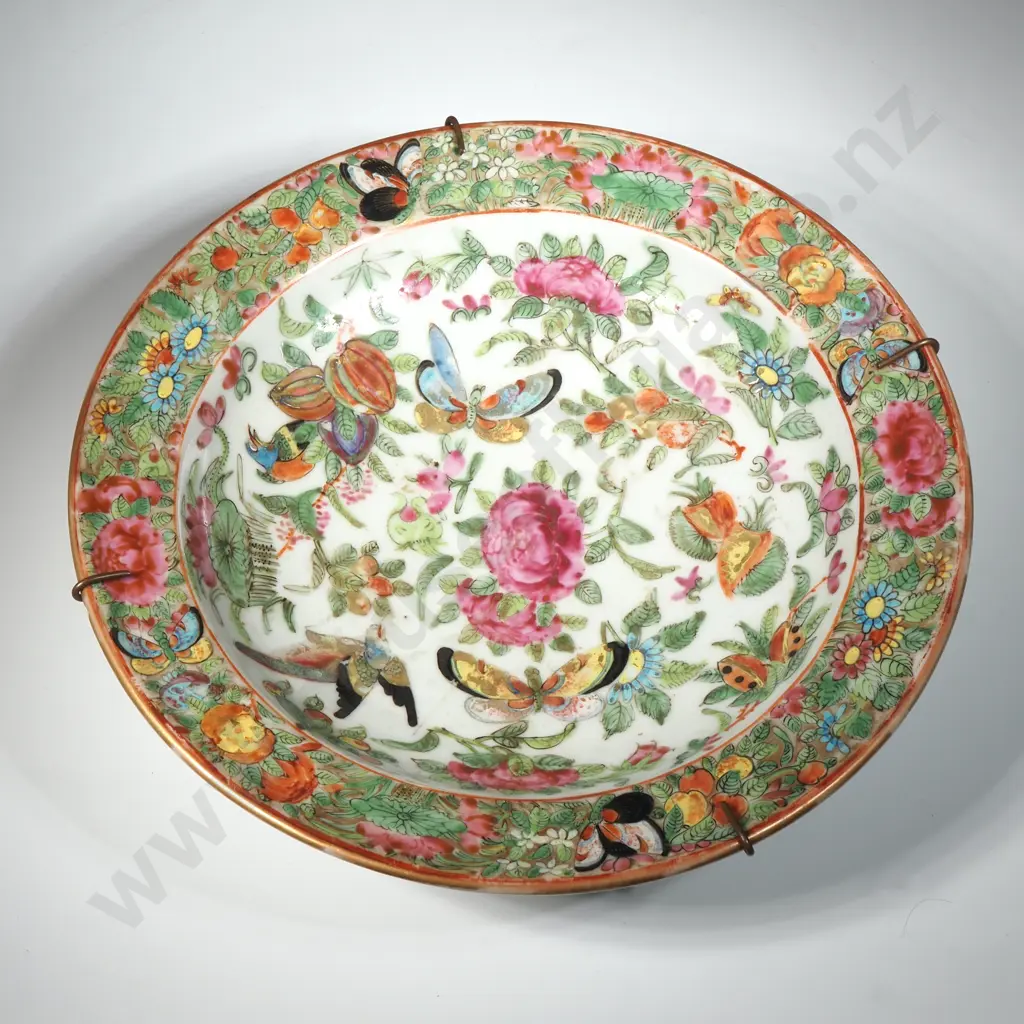 Cantonese Enamel "Famille Rose" Shallow Bowl Decoration With Birds, Flowers & Butterflies & With A Gilt Rim  Image 1++