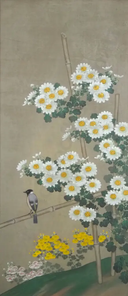 Vintage Japanese Painting On Silk Depicting A Bird On A Floriate Vine  Image 1++