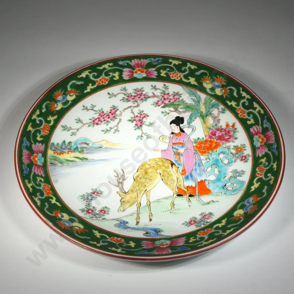 Chinese Porcelain Charger. Famille Rose Style Decorated with A Central Motif Featuring  A Woman With A Deer  Image 1++